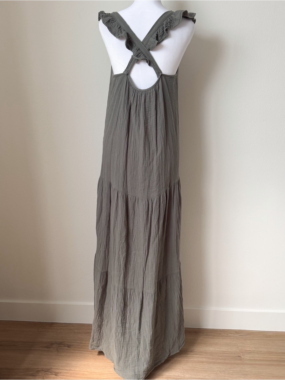 Steve Madden 100% Cotton Gauze Tiered Maxi Dress Sage Green Coastal S - Picture 3 of 5